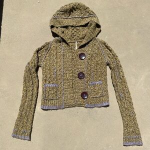 Free People Vintage Chunky Knit Hooded Cardigan with Large Buttons